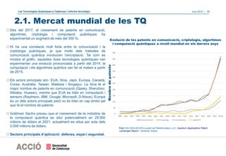 Les Tecnologies Quàntiques a Catalunya | Informe tecnològic Juny 2019 | 13
Evolució de les patents en comunicació, criptologia, algoritmes
i computació quàntiques a nivell mundial en els darrers anys
Nombredepatents
Font: EIC (DGI-ACCIÓ) a partir de Patinformatics, LLC, Quantum Applications Patent
Landscape Report, i Goldman Sachs.
oDes del 2017, el creixement de patents en comunicació,
algoritmes, criptologia i computació quàntiques ha
experimentat un augment de més del 350 %.
oHi ha una correlació molt forta entre la comunicació i la
criptologia quàntiques, ja que molts dels mètodes de
comunicació quàntica involucren l’encriptació. Tal com es
mostra al gràfic, aquestes dues tecnologies quàntiques van
experimentar una evolució pronunciada a partir del 2014; la
computació i els algoritmes quàntics van fer el mateix a partir
de 2015.
oEls actors principals són: EUA, Xina, Japó, Europa, Canadà,
Corea, Austràlia, Taiwan, Malàisia i Singapur. La Xina té el
major nombre de patents en comunicació (Qasky, Shenzhou,
Alibaba, Huawei), mentre que EUA és líder en computació i
sensors (Raytheon, IBM, Google, Microsoft, D-Wave). Europa
és un dels actors principals però no és líder en cap àmbit pel
que fa al nombre de patents
oGoldman Sachs preveu que el creixement de la indústria de
la computació quàntica es situï potencialment en 29.000
milions de dòlars el 2021; actualment es situa per sota dels
2.000 milions de dòlars.
oSectors principals d’aplicació: defensa, espai i seguretat.
2.1. Mercat mundial de les TQ
 