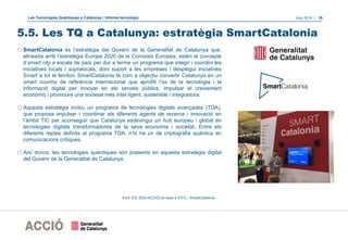 Les Tecnologies Quàntiques a Catalunya | Informe tecnològic Juny 2019 | 35
5.5. Les TQ a Catalunya: estratègia SmartCatalonia
oSmartCatalonia és l’estratègia del Govern de la Generalitat de Catalunya que,
alineada amb l’estratègia Europa 2020 de la Comissió Europea, estén el concepte
d’smart city a escala de país per dur a terme un programa que integri i coordini les
iniciatives locals i supralocals, doni suport a les empreses i desplegui iniciatives
Smart a tot el territori. SmartCatalonia té com a objectiu convertir Catalunya en un
smart country de referència internacional que aprofiti l’ús de la tecnologia i la
informació digital per innovar en els serveis públics, impulsar el creixement
econòmic i promoure una societat més intel·ligent, sostenible i integradora.
oAquesta estratègia inclou un programa de tecnologies digitals avançades (TDA),
que proposa impulsar i coordinar els diferents agents de recerca i innovació en
l’àmbit TIC per aconseguir que Catalunya esdevingui un hub europeu i global en
tecnologies digitals transformadores de la seva economia i societat. Entre els
diferents reptes definits al programa TDA, n’hi ha un de criptografia quàntica en
comunicacions crítiques.
oAixí doncs, les tecnologies quàntiques són presents en aquesta estratègia digital
del Govern de la Generalitat de Catalunya.
Font: EIC (DGI-ACCIÓ) en base a ICFO, i SmartCatalonia.
 