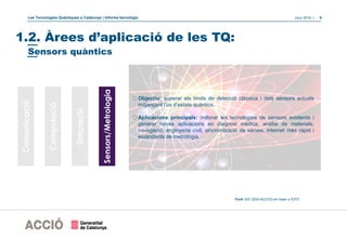 Les Tecnologies Quàntiques a Catalunya | Informe tecnològic Juny 2019 | 9
oObjectiu: superar els límits de detecció clàssica i dels sensors actuals
mitjançant l’ús d’estats quàntics.
oAplicacions principals: millorar les tecnologies de sensors existents i
generar noves aplicacions en diagnosi mèdica, anàlisi de materials,
navegació, enginyeria civil, sincronització de xarxes, internet més ràpid i
estàndards de metrologia.
Font: EIC (DGI-ACCIÓ) en base a ICFO
1.2. Àrees d’aplicació de les TQ:
Comunicació
Computació
Simulació
Sensors/Metrologia
Sensors quàntics
 