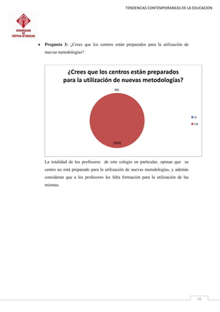 TENDENCIAS CONTEMPORANEAS DE LA EDUCACION
16
 Pregunta 3: ¿Crees que los centros están preparados para la utilización de
nuevas metodologías?
La totalidad de los profesores de este colegio en particular, opinan que su
centro no está preparado para la utilización de nuevas metodologías, y además
consideran que a los profesores les falta formación para la utilización de las
mismas.
0%
100%
¿Crees que los centros están preparados
para la utilización de nuevas metodologías?
si
no
 
