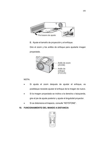 105

B. Ajuste el tamaño de proyección y el enfoque.
Gire el zoom y los anillos de enfoque para ajustarla imagen
proyectada.

NOTA:
Si ajusta el zoom después de ajustar el enfoque, es
posibleque necesite ajustar el enfoque de la imagen de nuevo.
Si la imagen proyectada se inclina a la derecha o laizquierda,
gire el pie de ajuste posterior y ajuste el ángulodel proyector.
Si se distorsiona el trapecio, consulte “KEYSTONE”.
19. FUNCIONAMIENTO DEL MANDO A DISTANCIA

 
