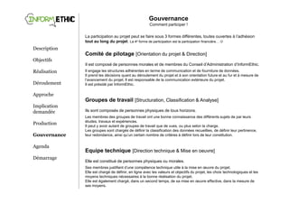 Production
                                                       Concrètement




Description                             ^                           Z                                   t

Objectifs          /                                                                              
                                                                                                         t
                   Z                          d                           W                         
Réalisation                                                                                             
                                                                                                   K
                                                                                                             W/
Déroulement                                    

Approche

Implication
demandée

Production        1. Production d’un rapport annuel (avril 2011)
                  Document officiel, engageant et soigné à très large diffusion
Gouvernance

Agenda            2. Ouverture permanente des données sur le Web (2011)
                  Via un site Web dédié, et une API permettant la récupération et le re-travail des données
Démarrage              par des tiers, produit de l’effort collectif.
 