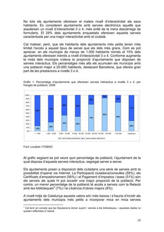No tots els ajuntaments ofereixen el mateix nivell d’interactivitat als seus
habitants. Es consideren ajuntaments amb serveis electrònics aquells que
assoleixen un nivell d’interactivitat 3 o 4, més enllà de la mera descàrrega de
formularis. El 29% dels ajuntaments enquestats ofereixen aquests serveis
caracteritzats per una major interactivitat amb el ciutadà.

Cal matisar, però, que els habitants dels ajuntaments més petits tenen més
limitat l’accés a aquest tipus de servei que els dels més grans. Com es pot
apreciar, en els municipis de menys de 1.000 habitants només el 15% dels
ajuntaments ofereixen tràmits a nivell d’interactivitat 3 o 4. Conforme augmenta
la mida dels municipis s’eleva la proporció d’ajuntaments que disposen de
serveis interactius. Els percentatges més alts els acumulen els municipis amb
una població major a 20.000 habitants, destacant Barcelona, que ofereix gran
part de les prestacions a nivells 3 o 4.


Gràfic 1: Percentatge d’ajuntaments que ofereixen serveis interactius a nivells 3 o 4, per
franges de població, 2008.


    100%
                                                                                               8%
    90%                                                                     26%                            20%

    80%
    70%                                  56%               60%
                         75%                                                                                          71%
    60%
            85%
    50%
                                                                                              92%
    40%                                                                                                    80%
                                                                            74%
    30%
    20%                                  44%               40%
                         25%                                                                                          29%
    10%
            15%
     0%
           < 1.000   1.000 - 5.000   5.000 - 10.000   10.000 - 20.000 20.000 - 50.000 50.000 - 100.000   >100.000   Catalunya

                                      Aj. amb serveis electrònics   Aj. sense serveis electrònics




Font: Localret i FOBSIC



Al gràfic següent es pot veure quin percentatge de població, l’ajuntament de la
qual disposa d’aquests serveis interactius, segregat servei a servei.

Els ajuntaments posen a disposició dels ciutadans una sèrie de serveis amb la
possibilitat d’operar via Internet. La Participació ciutadana/consultes (59%), els
Certificats d’empadronament (56%) i el Pagament d’impostos i taxes (51%) són
els serveis als quals hi pot accedir una major proporció de la població. Per
contra, un menor percentatge de la població té accés a serveis com la Relació
amb les biblioteques5 (7%) i la Llicència d’obres majors (8%).

A nivell mitjà de Catalunya aquests valors són més baixos i s’hauria d’incidir als
ajuntaments dels municipis més petits a incorporar mica en mica serveis

5
 Cal tenir en compte que les Diputacions donen suport i serveis a les biblioteques, i aquestes dades no
queden reflectides a l’estudi.


                                                                                                                                10
 