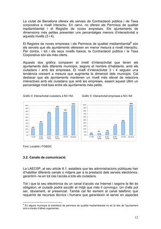 La ciutat de Barcelona ofereix els serveis de Contractació pública i de Taxa
corporativa a nivell interactiu. En canvi, no ofereix els Permisos de qualitat
mediambiental i el Registre de noves empreses. Els ajuntaments de
dimensions més petites presenten uns percentatges menors d’interactivitat a
aquests nivells (3 i 4).

El Registre de noves empreses i els Permisos de qualitat mediambiental6 són
els serveis que els ajuntaments ofereixen en menor mesura a nivell interactiu.
Per contra, i tot i els seus nivells baixos, la Contractació pública i la Taxa
Corporativa són els més oferts.

Aquests dos gràfics comparen el nivell d’interactivitat que tenen els
ajuntaments dels diferents municipis, segons el nombre d’habitants, amb els
ciutadans i amb les empreses. El nivell d’interactivitat 3 i 4 segueix una
tendència creixent a mesura que augmenta la dimensió dels municipis. Cal
destacar que els ajuntaments mantenen un nivell més elevat de relacions
interactives amb els ciutadans que amb les empreses, essent aquest últim un
percentatge molt baix entre els ajuntaments més petits.


Gràfic 4: Interactivitat ciutadans a N3 i N4                                  Gràfic 5: Interactivitat empreses a N3 i N4

                                                                   100%                                                                      100%
    100%                                                                      100%
                                              92%
    90%                                                                        90%
                                                        78%
    80%                                                                        80%
                                  74%
    70%                                                                        70%

    60%                                                                        60%

    50%                                                                        50%
                                                                                                                                  44%
                       40%
    40%                                                                        40%
                                                                                                                        31%
    30%                                                                        30%
            22%
    20%                                                                        20%
                                                                                                 6%         10%
    10%                                                                        10%
                                                                                       4%
     0%                                                                        0%
           < 10.000   10.000 -   20.000 -   50.000 -   >100.000   Barcelona          < 10.000   10.000 -   20.000 -   50.000 -   >100.000   Barcelona
                       20.000     50.000    100.000                                              20.000     50.000    100.000




Font: Localret i FOBSIC



3.2. Canals de comunicació


La LAECSP, al seu article 8.1, estableix que les administracions públiques han
d’habilitar diferents canals o mitjans per a la prestació dels serveis electrònics,
garantint- ne en tot cas l’accés a tots els ciutadans.

Tot i que la seu electrònica és un canal d’accés via Internet i segons la llei és
obligatori, el ciutadà podrà escollir el mitjà que més li convingui. Un d’ells pot
ser, òbviament, el presencial. També cal fer esment al canal telefònic que
requerirà de recursos tècnics i humans que garanteixin el servei en aspectes

6
  En alguns municipis la tramitació de permisos de qualitat mediambiental no es fa des de l’ajuntament
sinó a través d’altres organismes.


                                                                                                                                                        12
 