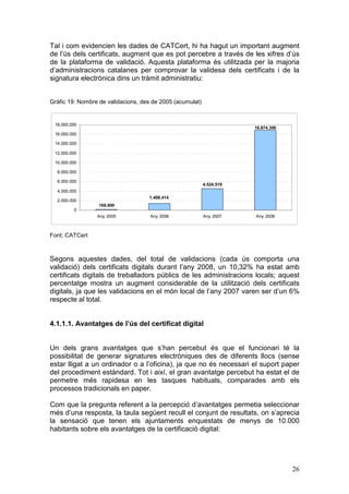 Tal i com evidencien les dades de CATCert, hi ha hagut un important augment
de l’ús dels certificats, augment que es pot percebre a través de les xifres d’ús
de la plataforma de validació. Aquesta plataforma és utilitzada per la majoria
d’administracions catalanes per comprovar la validesa dels certificats i de la
signatura electrònica dins un tràmit administratiu:


Gràfic 19: Nombre de validacions, des de 2005 (acumulat)


 18.000.000
                                                                       16.874.390
 16.000.000

 14.000.000

 12.000.000

 10.000.000

  8.000.000

  6.000.000
                                                           4.524.519
  4.000.000
                                    1.408.414
  2.000.000
                  168.800
         0
                 Any 2005            Any 2006              Any 2007    Any 2008



Font: CATCert



Segons aquestes dades, del total de validacions (cada ús comporta una
validació) dels certificats digitals durant l’any 2008, un 10,32% ha estat amb
certificats digitals de treballadors públics de les administracions locals; aquest
percentatge mostra un augment considerable de la utilització dels certificats
digitals, ja que les validacions en el món local de l’any 2007 varen ser d’un 6%
respecte al total.


4.1.1.1. Avantatges de l’ús del certificat digital


Un dels grans avantatges que s’han percebut és que el funcionari té la
possibilitat de generar signatures electròniques des de diferents llocs (sense
estar lligat a un ordinador o a l’oficina), ja que no és necessari el suport paper
del procediment estàndard. Tot i així, el gran avantatge percebut ha estat el de
permetre més rapidesa en les tasques habituals, comparades amb els
processos tradicionals en paper.

Com que la pregunta referent a la percepció d’avantatges permetia seleccionar
més d’una resposta, la taula següent recull el conjunt de resultats, on s’aprecia
la sensació que tenen els ajuntaments enquestats de menys de 10.000
habitants sobre els avantatges de la certificació digital:




                                                                                    26
 
