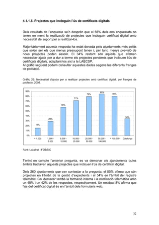 4.1.1.6. Projectes que incloguin l’ús de certificats digitals


Dels resultats de l’enquesta se’n desprèn que el 66% dels ens enquestats no
tenen en ment la realització de projectes que incloguin certificat digital amb
necessitat de suport per a realitzar-los.

Majoritàriament aquesta resposta ha estat donada pels ajuntaments més petits
que solen ser els que menys pressupost tenen i, per tant, menys previsió de
nous projectes poden assolir. El 34% restant són aquells que afirmen
necessitar ajuda per a dur a terme els projectes pendents que inclouen l’ús de
certificats digitals, adaptant-los així a la LAECSP.
Al gràfic següent podem consultar aquestes dades segons les diferents franges
de població.


Gràfic 26: Necessitat d’ajuda per a realitzar projectes amb certificat digital, per franges de
població, 2008.


  90%
                                                                 85%
                                                     79%                    80%
  80%
                                          71%
  70%
                               58%
  60%

  50%

  40%
                                                                                        34%
                     29%
  30%

  20%     15%

  10%

   0%
         < 1.000    1.000 -   5.000 -    10.000 -   20.000 -   50.000 -   > 100.000   Catalunya
                     5.000    10.000      20.000     50.000    100.000



Font: Localret i FOBSIC



Tenint en compte l’anterior pregunta, es va demanar als ajuntaments quins
àmbits tractaven aquests projectes que inclouen l’ús de certificat digital.

Dels 260 ajuntaments que van contestar a la pregunta, el 55% afirma que són
projectes en l’àmbit de la gestió d’expedients i el 54% en l’àmbit del registre
telemàtic. Cal destacar també la formació interna i la notificació telemàtica amb
un 40% i un 42% de les respostes, respectivament. Un residual 8% afirma que
l’ús del certificat digital és en l’àmbit dels formularis web.




                                                                                                  32
 