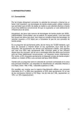 5. INFRAESTRUCTURES


5.1. Connectivitat


Per tal d’estar eficaçment connectat, la velocitat de connexió a Internet és un
factor molt important. Les tecnologies de banda ampla poden utilitzar mòdems
que permeten que el tràfic de dades es realitzi a una velocitat efectiva a través
d’una línia telefònica convencional, fet que no suposaria un cost addicional en
infraestructura de xarxa.

Actualment, els tipus més comuns de tecnologies de banda ampla són ADSL,
LMDS/WiMAX, Frame Relay i per via satèl·lit. En aquest estudi, i com hem anat
fent durant els últims dos anys, hem tingut en compte el tipus de tecnologia i la
velocitat (superior a 512 kbps) per a considerar el que és una connexió de
banda ampla.

Es va preguntar als ajuntaments petits, els de menys de 10.000 habitants, quin
tipus de connexió a Internet tenien al seu ajuntament. D’un total de 531
respostes, 434 ajuntaments van afirmar que disposaven d’ADSL; això significa
que més d’un 80% dels ajuntaments dels municipis petits ja han introduït
aquest tipus de connexió, que té com a avantatge sobre les altres que funciona
amb les línies telefòniques convencionals i no requereix noves instal·lacions.
Per contra, el 8% d’aquests ajuntaments no disposen encara de banda ampla i
utilitzen un mòdem (XTB) o una connexió del tipus XDSI (RDSI).

També se’ls va preguntar sobre la velocitat de connexió contractada en la seva
línia principal d’Internet. Les respostes es classificaven en velocitats inferiors a
512 Kbps, entre 1 Mb i 4 Mb, i velocitats superiors a 4 Mb.

Els resultats van mostrar que la majoria d’ajuntaments utilitzen una connexió
intermèdia (la d’1 a 4Mb) que representa un 63% dels ajuntaments. En el cas
de les connexions inferiors a 512 Kbps i les de més de 4 Mb, representen un
19% i un 18% respectivament.




                                                                                 53
 