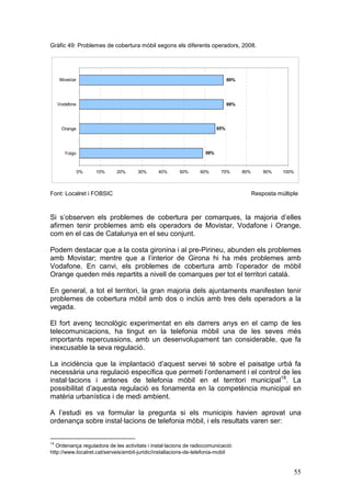 Gràfic 49: Problemes de cobertura mòbil segons els diferents operadors, 2008.




     Movistar                                                                  69%




     Vodafone                                                                  69%




      Orange                                                             65%




        Yoigo                                                      59%



                0%   10%    20%      30%      40%       50%     60%       70%        80%       90%    100%



Font: Localret i FOBSIC                                                                    Resposta múltiple



Si s’observen els problemes de cobertura per comarques, la majoria d’elles
afirmen tenir problemes amb els operadors de Movistar, Vodafone i Orange,
com en el cas de Catalunya en el seu conjunt.

Podem destacar que a la costa gironina i al pre-Pirineu, abunden els problemes
amb Movistar; mentre que a l’interior de Girona hi ha més problemes amb
Vodafone. En canvi, els problemes de cobertura amb l’operador de mòbil
Orange queden més repartits a nivell de comarques per tot el territori català.

En general, a tot el territori, la gran majoria dels ajuntaments manifesten tenir
problemes de cobertura mòbil amb dos o inclús amb tres dels operadors a la
vegada.

El fort avenç tecnològic experimentat en els darrers anys en el camp de les
telecomunicacions, ha tingut en la telefonia mòbil una de les seves més
importants repercussions, amb un desenvolupament tan considerable, que fa
inexcusable la seva regulació.

La incidència que la implantació d’aquest servei té sobre el paisatge urbà fa
necessària una regulació específica que permeti l’ordenament i el control de les
instal·lacions i antenes de telefonia mòbil en el territori municipal18. La
possibilitat d’aquesta regulació es fonamenta en la competència municipal en
matèria urbanística i de medi ambient.

A l’estudi es va formular la pregunta si els municipis havien aprovat una
ordenança sobre instal·lacions de telefonia mòbil, i els resultats varen ser:


18
   Ordenança reguladora de les activitats i instal·lacions de radiocomunicació:
http://www.localret.cat/serveis/ambit-juridic/installacions-de-telefonia-mobil


                                                                                                          55
 