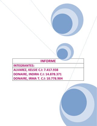 INFORME
INTEGRANTES:
ALVAREZ, KELSIE C.I: 7.417.938
DONAIRE, INDIRA C.I: 14.878.371
DONAIRE, IRMA T. C.I: 10.778.904
 