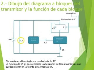 2.- Dibujo del diagrama a bloques del
transmisor y la función de cada bloque
El circuito es alimentado por una batería de 9V
La función de C1 es para eliminar las tensiones de tipo esporádicas que
pueden existir en la fuente de alimentación.
 