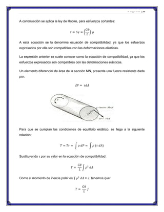 Página |6

A continuación se aplica la ley de Hooke, para esfuerzos cortantes:

A esta ecuación se la denomina ecuación de compatibilidad, ya que los esfuerzos
expresados por ella son compatibles con las deformaciones elásticas.
La expresión anterior se suele conocer como la ecuación de compatibilidad, ya que los
esfuerzos expresados son compatibles con las deformaciones elásticas.
Un elemento diferencial de área de la sección MN, presenta una fuerza resistente dada
por:

Para que se cumplan las condiciones de equilibrio estático, se llega a la siguiente
relación:

Sustituyendo por su valor en la ecuación de compatibilidad:

Como el momento de inercia polar es

= J, tenemos que:

 