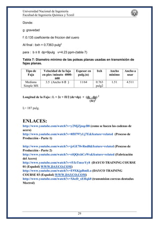 Universidad Nacional de Ingeniería
Facultad de Ingeniería Química y Textil
29
Donde:
g: gravedad
f :0.135 coeficiente de friccion del cuero
Al final : bxh = 0.7363 pulg2
para : b ≤ 8 dp=9pulg v=4.23 ppm-(tabla 7)
Tabla 7: Diametro minimo de las poleas planas usadas en transmisión de
fajas planas.
Tipo de
Faja
Velocidad de la faja
en pies /minuto 4000-
600
Espesor en
pulg.(n)
bxh Ancho
minimo
Ancho a
usar
Mediana
Simple MS
3.5 (Ancho ≤ 8 ) 11/64 0.763
pulg2
1.51 4.511
Longitud de la Faja : L = 2c + Π/2 (dc+dp) + (dc –dp) 2
(4c)2
L= 187 pulg.
ENLACES:
http://www.youtube.com/watch?v=y2MjZjnqcB8 (como se hacen las cadenas de
acero)
http://www.youtube.com/watch?v=8fH797yLj7E&feature=related (Proceso de
Producción - Parte 1)
http://www.youtube.com/watch?v=jzGE70vRnd8&feature=related (Proceso de
Producción - Parte 2)
http://www.youtube.com/watch?v=riQQtxhCzWs&feature=related (Fabricación
del Acero)
http://www.youtube.com/watch?v=tYIzTmxrYy8 (DAYCO TRAINING COURSE
01 (Español) WWW.DAYCO.COM)
http://www.youtube.com/watch?v=E9XKjpBmlLo (DAYCO TRAINING
COURSE 03 (Español) WWW.DAYCO.COM)
http://www.youtube.com/watch?v=XbzD_xEHqk0 (transmision correas dentadas
Mectrol)
 