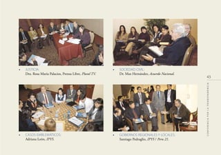 • CASOS EMBLEMÁTICOS:
Adriana León, IPYS.
• SOCIEDAD CIVIL:
Dr. Max Hernández, Acuerdo Nacional.
• JUSTICIA:
Dra. Rosa María Palacios, Prensa Libre, Plural TV.
• GOBIERNOS REGIONALES Y LOCALES:
Santiago Pedraglio, IPYS / Peru 21.
43
CONFERENCIAPORLATRANSPARENCIA
 