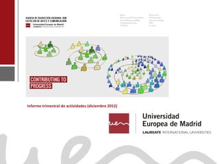 Informe trimestral de actividades (diciembre 2012)




Dra. Celia Rico, Facultad de Artes y Comunicación
 