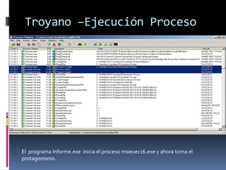 Troyano –Ejecución Proceso

El programa Informe.exe inicia el proceso msiexec16.exe y ahora toma el
protagonismo.

 