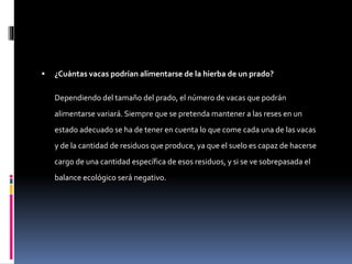  ¿Cuántas vacas podrían alimentarse de la hierba de un prado?
Dependiendo del tamaño del prado, el número de vacas que podrán
alimentarse variará. Siempre que se pretenda mantener a las reses en un
estado adecuado se ha de tener en cuenta lo que come cada una de las vacas
y de la cantidad de residuos que produce, ya que el suelo es capaz de hacerse
cargo de una cantidad específica de esos residuos, y si se ve sobrepasada el
balance ecológico será negativo.
 