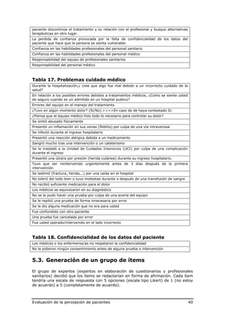 paciente discontinúe el tratamiento y su relación con el profesional y busque alternativas
terapéuticas en otro lugar.
La perdida de confianza provocada por la falta de confidencialidad de los datos del
paciente que hace que la persona se sienta vulnerable.
Confianza en las habilidades profesionales del personal sanitario
Confianza en las habilidades profesionales del personal médico
Responsabilidad del equipo de profesionales sanitarios
Responsabilidad del personal médico



Tabla 17. Problemas cuidado médico
Durante la hospitalización,¿ cree que algo fue mal debido a un incorrecto cuidado de la
salud?
En relación a los posibles errores debidos a tratamientos médicos, ¿Como se siente usted
de seguro cuando es un admitido en un hospital publico?
Errores del equipo en el manejo del tratamiento
¿Tuvo en algún momento dolor? (Si/No).>>>>En caso de de haya contestado Si:
¿Piensa que el equipo médico hizo todo lo necesario para controlar su dolor?
Se sintió abusado físicamente
Presentó un inflamación en sus venas (flebitis) por culpa de una vía intravenosa
Se infectó durante el ingreso hospitalario
Presentó una reacción alérgica debida a un medicamento
Sangró mucho tras una intervención o un cateterismo
Se le trasladó a la Unidad de Cuidados Intensivos (UCI) por culpa de una complicación
durante el ingreso
Presentó una úlcera por presión (herida cutánea) durante su ingreso hospitalario.
Tuvo que ser reintervenido urgentemente antes de 3 días después de la primera
intervención
Se lastimó (fractura, herida,..) por una caída en el hospital
No toleró del todo bien o tuvo molestias durante o después de una transfusión de sangre
No recibió suficiente medicación para el dolor
Los médicos se equivocaron en su diagnóstico
No se le pudo hacer una prueba por culpa de una avería del equipo
Se le repitió una prueba de forma innecesaria por error
Se le dio alguna medicación que no era para usted
Fue confundido con otro paciente
Una prueba fue cancelada por error
Fue usted operado/intervenido en el lado incorrecto



Tabla 18. Confidencialidad de los datos del paciente
Los médicos o los enfermeros/as no respetaron la confidencialidad
No le pidieron ningún consentimiento antes de alguna prueba o intervención


5.3. Generación de un grupo de ítems

El grupo de expertos (expertos en elaboración de cuestionarios y profesionales
sanitarios) decidió que los ítems se redactarían en forma de afirmación. Cada ítem
tendría una escala de respuesta con 5 opciones (escala tipo Likert) de 1 (no estoy
de acuerdo) a 5 (completamente de acuerdo).



Evaluación de la percepción de pacientes                                                     40
 