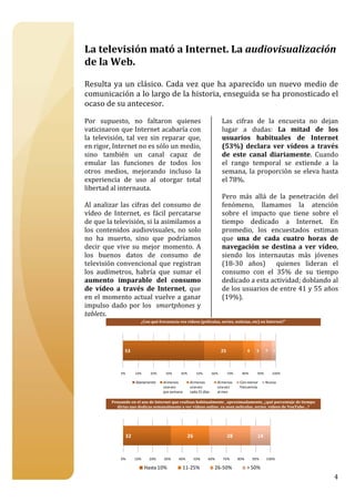 


La televisión mató a Internet. La audiovisualización 
de la Web. 
 
Resulta  ya  un  clásico.  Cada  vez  que  ha  aparecido  un  nuevo  medio  de 
comunicación a lo largo de la historia, enseguida se ha pronosticado el 
ocaso de su antecesor. 
 
Por  supuesto,  no  faltaron  quienes                               Las  cifras  de  la  encuesta  no  dejan 
vaticinaron que Internet acabaría con                               lugar  a  dudas:  La  mitad  de  los 
la  televisión,  tal  vez  sin  reparar  que,                       usuarios  habituales  de  Internet 
en rigor, Internet no es sólo un medio,                             (53%)  declara  ver  vídeos  a  través 
sino  también  un  canal  capaz  de                                 de  este  canal  diariamente.  Cuando 
emular  las  funciones  de  todos  los                              el  rango  temporal  se  extiende  a  la 
otros  medios,  mejorando  incluso  la                              semana,  la  proporción  se  eleva  hasta 
experiencia  de  uso  al  otorgar  total                            el 78%.   
libertad al internauta.                                              
                                                                    Pero  más  allá  de  la  penetración  del 
Al  analizar  las  cifras  del  consumo  de                         fenómeno,  llamamos  la  atención 
vídeo  de  Internet,  es  fácil  percatarse                         sobre  el  impacto  que  tiene  sobre  el 
de que la televisión, si la asimilamos a                            tiempo  dedicado  a  Internet.  En 
los  contenidos  audiovisuales,  no  solo                           promedio,  los  encuestados  estiman 
no  ha  muerto,  sino  que  podríamos                               que  una  de  cada  cuatro  horas  de 
decir  que  vive  su  mejor  momento.  A                            navegación  se  destina  a  ver  vídeo, 
los  buenos  datos  de  consumo  de                                 siendo  los  internautas  más  jóvenes 
televisión convencional que registran                               (18‐30  años)    quienes  lideran  el 
los  audímetros,  habría  que  sumar  el                            consumo  con  el  35%  de  su  tiempo 
aumento  imparable  del  consumo                                    dedicado a esta actividad; doblando al 
de  vídeo  a  través  de  Internet,  que                            de los usuarios de entre 41 y 55 años 
en  el  momento  actual  vuelve  a  ganar                           (19%).
impulso  dado  por  los    smartphones  y 
tablets. 
                        ¿Con qué frecuencia ves vídeos (películas, series, noticias, etc) en Internet?" 

 
 
                53                                                  25            8    5    7 3
 
                  
              0%    10%      20%     30%     40%     50%      60%      70%     80%      90%     100%

                     Diariamente   Al menos      Al menos        Al menos    Con menor      Nunca
                                   una vez 
                                   por semana
                                                 una vez 
                                                 cada 15 días
                                                                 una vez 
                                                                 al mes
                                                                             frecuencia


           Pensando en el uso de Internet que realizas habitualmente , aproximadamente, ¿qué porcentaje de tiempo  
             dirías que dedicas semanalmente a ver vídeos online, ya sean películas, series, vídeos de YouTube…? 




                 32                               26                 28             14



               0%     10%     20%    30%    40%        50%   60%   70%    80%     90%    100%

                            Hasta 10%         11‐25%           26‐50%           > 50%
                                                                                                                      4
 