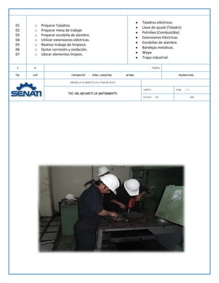 Taladros eléctricos.
01      o     Preparar Taladros.
                                                                                       Llave de ajuste (Taladro)
02      o     Preparar mesa de trabajo
                                                                                       Petróleo (Combustible)
03      o     Preparar escobilla de alambre.
                                                                                       Extensiones Eléctricas.
04      o     Utilizar extensiones eléctricas.
                                                                                       Escobillas de alambre.
05      o     Realizar trabajo de limpieza.
06      o     Quitar corrosión y oxidación.                                            Bandejas metálicas.
07      o     Ubicar elementos limpios.                                                Wype
                                                                                       Trapo industrial.

 01     02                                                                                       Fundición

PZA.   CANT                      DENOMINACIÓN - NORMA / DIMENSIONES         MATERIAL                           OBSERVACIONES

                                LIMPIEZA DE ELEMENTOS DE LA FAJA METÁLICA

                                                                                       TIEMPO:               HOJA:   1/1
                               TEC. ING. MECANICO DE MANTENIMIENTO.
                                                                                       ESCALA:      S/E                    2012
 