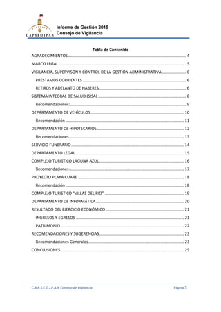 C.A.P.S.E.O.J.P.A.N Consejo de Vigilancia
Informe de Gestión 2015
Consejo de Vigilancia
AGRADECIMIENTOS................................
MARCO LEGAL ................................
VIGILANCIA, SUPERVISÓN Y CONTROL DE LA GESTIÓN ADMINISTRATIVA
PRESTAMOS CORRIENTES
RETIROS Y ADELANTO DE HABERES
SISTEMA INTEGRAL DE SALUD (SISA)
Recomendaciones:................................
DEPARTAMENTO DE VEHÍCULOS
Recomendación ................................
DEPARTAMENTO DE HIPOTECARIOS
Recomendaciones................................
SERVICIO FUNERARIO................................
DEPARTAMENTO LEGAL ................................
COMPLEJO TURISTICO LAGUNA AZUL
Recomendaciones................................
PROYECTO PLAYA CUARE ................................
Recomendación ................................
COMPLEJO TURISTICO “VILLAS DEL RIO”
DEPARTAMENTO DE INFORMÁTICA
RESULTADO DEL EJERCICIO ECONÓMICO
INGRESOS Y EGRESOS ................................
PATRIMONIO................................
RECOMENDACIONES Y SUGERENCIAS
Recomendaciones Generales
CONCLUSIONES................................
C.A.P.S.E.O.J.P.A.N Consejo de Vigilancia
Informe de Gestión 2015
Consejo de Vigilancia
Tabla de Contenido
................................................................................................
................................................................................................
Y CONTROL DE LA GESTIÓN ADMINISTRATIVA
PRESTAMOS CORRIENTES.............................................................................................
ELANTO DE HABERES................................................................
SISTEMA INTEGRAL DE SALUD (SISA) ................................................................
................................................................................................
DEPARTAMENTO DE VEHÍCULOS................................................................
................................................................................................
DEPARTAMENTO DE HIPOTECARIOS................................................................
................................................................................................
................................................................................................
................................................................................................
COMPLEJO TURISTICO LAGUNA AZUL................................................................
................................................................................................
...............................................................................................
................................................................................................
“VILLAS DEL RIO” ................................................................
DEPARTAMENTO DE INFORMÁTICA................................................................
RESULTADO DEL EJERCICIO ECONÓMICO ................................................................
................................................................................................
................................................................................................
RECOMENDACIONES Y SUGERENCIAS................................................................
comendaciones Generales......................................................................................
................................................................................................
C.A.P.S.E.O.J.P.A.N Consejo de Vigilancia Página 3
.......................................... 4
.................................................. 5
Y CONTROL DE LA GESTIÓN ADMINISTRATIVA...................... 6
............................. 6
.............................................. 6
............................................... 8
........................................ 9
.................................................... 10
.......................................... 11
.............................................. 12
....................................... 13
..................................... 14
................................. 15
............................................ 16
....................................... 17
............................... 18
.......................................... 18
....................................... 19
............................................... 20
...................................... 21
................................. 21
............................................... 22
............................................ 23
...................... 23
............................................... 25
 