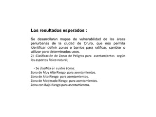 Los resultados esperados :
Se desarrollarán mapas de vulnerabilidad de las áreas
periurbanas de la ciudad de Oruro, que nos permita
identificar definir zonas o barrios para ratificar, cambiar o
utilizar para determinados usos.
2) -Clasificación de Zonas de Peligros para asentamientos según
los aspectos Físico natural;

  - Se clasifica en cuatro Zonas:
Zona de Muy Alto Riesgo para asentamientos.
Zona de Alto Riesgo para asentamientos.
Zona de Moderado Riesgo para asentamientos.
Zona con Bajo Riesgo para asentamientos.
 