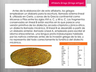 Alfabeto Griego (Griego antiguo)
Antes de la elaboración de este alfabeto, los griegos
empleaban un silabario para la escritura, llamado sistema lineal
B, utilizado en Creta, y zonas de la Grecia continental como
Micenas o Pilos entre los siglos XVI a. C. y XII a. C. Los fragmentos
conservados en lineal B están escritos en lo que parece una
versión primitiva de los dialectos arcado-chipriota y jónico-ático,
un dialecto llamado micénico. El lineal B se desarrolló a partir de
un silabario anterior, llamado Lineal A, empleado para escribir el
idioma eteocretense, una lengua proto-indoeuropea hablada
por los nativos cretenses antes de la invasión griega de la isla, y
no representa del todo correctamente la fonética del dialecto
micénico.
 