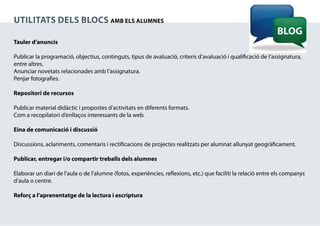 Utilitats dels blocs Amb els alumnes

Tauler d’anuncis

Publicar la programació, objectius, continguts, tipus de avaluació, criteris d’avaluació i qualificació de l’assignatura,
entre altres.
Anunciar novetats relacionades amb l’assignatura.
Penjar fotografies.

Repositori de recursos

Publicar material didàctic i propostes d’activitats en diferents formats.
Com a recopilatori d’enllaços interessants de la web.

Eina de comunicació i discussió

Discussions, aclariments, comentaris i rectificacions de projectes realitzats per alumnat allunyat geogràficament.

Publicar, entregar i/o compartir treballs dels alumnes

Elaborar un diari de l’aula o de l’alumne (fotos, experiències, reflexions, etc.) que faciliti la relació entre els companys
d’aula o centre.

Reforç a l’aprenentatge de la lectura i escriptura
 