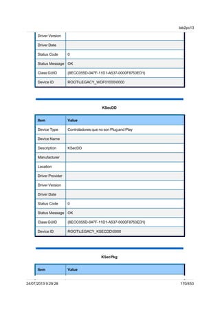 Driver Version
Driver Date
Status Code 0
Status Message OK
Class GUID {8ECC055D-047F-11D1-A537-0000F8753ED1}
Device ID ROOTLEGACY_WDF010000000
KSecDD
Item Value
Device Type Controladores que no son Plug and Play
Device Name
Description KSecDD
Manufacturer
Location
Driver Provider
Driver Version
Driver Date
Status Code 0
Status Message OK
Class GUID {8ECC055D-047F-11D1-A537-0000F8753ED1}
Device ID ROOTLEGACY_KSECDD0000
KSecPkg
Item Value
lab2pc13
24/07/2013 9:29:28 170/453
 