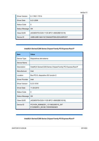 Driver Version 6.1.7601.17514
Driver Date 6-21-2006
Status Code 0
Status Message OK
Class GUID {4D36E97D-E325-11CE-BFC1-08002BE10318}
Device ID UMBUMB1&841921D&0&WPDBUSENUMROOT
Intel(R) 6 Series/C200 Series Chipset Family PCI Express Root P
Item Value
Device Type Dispositivos del sistema
Device Name
Description Intel(R) 6 Series/C200 Series Chipset Family PCI Express Root P
Manufacturer Intel
Location Bus PCI 0, dispositivo 28, función 0
Driver Provider Intel
Driver Version 9.2.0.1016
Driver Date 11-20-2010
Status Code 0
Status Message OK
Class GUID {4D36E97D-E325-11CE-BFC1-08002BE10318}
Device ID PCIVEN_8086&DEV_1C10&SUBSYS_047
E1028&REV_B43&11583659&0&E0
Intel(R) 6 Series/C200 Series Chipset Family PCI Express Root P
lab2pc13
24/07/2013 9:29:28 201/453
 