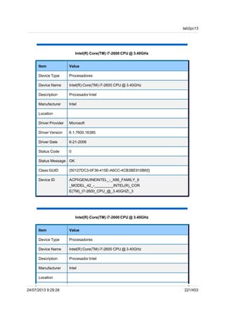 Intel(R) Core(TM) i7-2600 CPU @ 3.40GHz
Item Value
Device Type Procesadores
Device Name Intel(R) Core(TM) i7-2600 CPU @ 3.40GHz
Description Procesador Intel
Manufacturer Intel
Location
Driver Provider Microsoft
Driver Version 6.1.7600.16385
Driver Date 6-21-2006
Status Code 0
Status Message OK
Class GUID {50127DC3-0F36-415E-A6CC-4CB3BE910B65}
Device ID ACPIGENUINEINTEL_-_X86_FAMILY_6
_MODEL_42_-_________INTEL(R)_COR
E(TM)_I7-2600_CPU_@_3.40GHZ_3
Intel(R) Core(TM) i7-2600 CPU @ 3.40GHz
Item Value
Device Type Procesadores
Device Name Intel(R) Core(TM) i7-2600 CPU @ 3.40GHz
Description Procesador Intel
Manufacturer Intel
Location
lab2pc13
24/07/2013 9:29:28 221/453
 