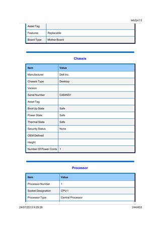 Asset Tag
Features Replacable
Board Type Mother Board
Chassis
Item Value
Manufacturer Dell Inc.
Chassis Type Desktop
Version
Serial Number C484NS1
Asset Tag
Boot Up State Safe
Power State Safe
Thermal State Safe
Security Status None
OEM Defined
Height
Number Of Power Cords 1
Processor
Item Value
Processor Number 1
Socket Designation CPU 1
Processor Type Central Processor
lab2pc13
24/07/2013 9:29:28 244/453
 