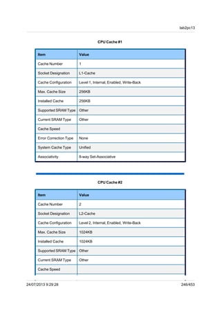 CPU Cache #1
Item Value
Cache Number 1
Socket Designation L1-Cache
Cache Configuration Level 1, Internal, Enabled, Write-Back
Max. Cache Size 256KB
Installed Cache 256KB
Supported SRAM Type Other
Current SRAM Type Other
Cache Speed
Error Correction Type None
System Cache Type Unified
Associativity 8-way Set-Associative
CPU Cache #2
Item Value
Cache Number 2
Socket Designation L2-Cache
Cache Configuration Level 2, Internal, Enabled, Write-Back
Max. Cache Size 1024KB
Installed Cache 1024KB
Supported SRAM Type Other
Current SRAM Type Other
Cache Speed
lab2pc13
24/07/2013 9:29:28 246/453
 