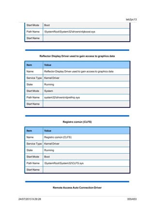 Start Mode Boot
Path Name SystemRootSystem32driversrdyboost.sys
Start Name
Reflector Display Driver used to gain access to graphics data
Item Value
Name Reflector Display Driver used to gain access to graphics data
Service Type Kernel Driver
State Running
Start Mode System
Path Name system32driversrdprefmp.sys
Start Name
Registro común (CLFS)
Item Value
Name Registro común (CLFS)
Service Type Kernel Driver
State Running
Start Mode Boot
Path Name SystemRootSystem32CLFS.sys
Start Name
Remote Access Auto Connection Driver
lab2pc13
24/07/2013 9:29:28 355/453
 