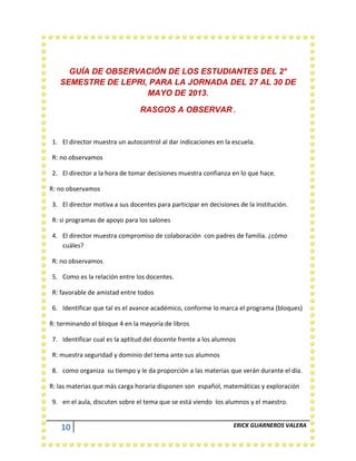 10 ERICK GUARNEROS VALERA
GUÍA DE OBSERVACIÓN DE LOS ESTUDIANTES DEL 2°
SEMESTRE DE LEPRI, PARA LA JORNADA DEL 27 AL 30 DE
MAYO DE 2013.
RASGOS A OBSERVAR.
1. El director muestra un autocontrol al dar indicaciones en la escuela.
R: no observamos
2. El director a la hora de tomar decisiones muestra confianza en lo que hace.
R: no observamos
3. El director motiva a sus docentes para participar en decisiones de la institución.
R: si programas de apoyo para los salones
4. El director muestra compromiso de colaboración con padres de familia. ¿cómo
cuáles?
R: no observamos
5. Como es la relación entre los docentes.
R: favorable de amistad entre todos
6. Identificar que tal es el avance académico, conforme lo marca el programa (bloques)
R: terminando el bloque 4 en la mayoría de libros
7. Identificar cual es la aptitud del docente frente a los alumnos
R: muestra seguridad y dominio del tema ante sus alumnos
8. como organiza su tiempo y le da proporción a las materias que verán durante el día.
R: las materias que más carga horaria disponen son español, matemáticas y exploración
9. en el aula, discuten sobre el tema que se está viendo los alumnos y el maestro.
 