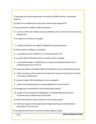 12 ERICK GUARNEROS VALERA
R: que todos los alumnos aprovechen la escuela y el 100% culminen su educación
primaria
4.¿cuáles son sus objetivos de usted como maestro para su grupo? M
R: lectura-escritura al 100% en todos los alumnos
4. ¿cuál es su forma de trabajo con los que elaboran en la escuela? (en conjunto, binas,
equipos) d.m
R: la mayoría es en binas y en equipos
5. ¿cuál es el ambiente de trabajo? (colaborativo, participativo) d.m
R: ambos ya que se colabora y se participa
6. ¿considera que esta institución es una escuela efectiva? M
R: si ya que todos los docentes ponen su mayor interés y empeño
7. ¿la autoestima debe ser significativa y una factor principal para determinar el
rendimiento del alumno? M o d
R: si, para que realicen actividades deben ser motivados y tener la autoestima muy alta
8. Existe una buena comunicación con el maestro (a), para que los alumnos se sientan
en confianza. Observación
R: si ya que si algún niño tiene dudas se acerca y pregunta
9. ¿qué se necesita para generar la responsabilidad en los alumnos? M
R: el dialogo para la socialización y de ahí parte todo lo demás
10. ¿cuáles son los mecanismos establecidos o no establecidos para evaluar el
funcionamiento y adelanto de la institución?
R: evaluación bimestral, enlace, examen de zona escolar (anual)
11. Mencione algunos de los programas de mejoramiento que se implementan y
desarrollan en la institución
R: el programa de lectura en casa por las tardes (padres e hijos)
 
