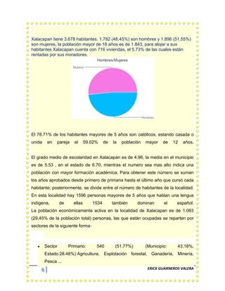 6 ERICK GUARNEROS VALERA
Xalacapan tiene 3.678 habitantes. 1.782 (48.45%) son hombres y 1.896 (51.55%)
son mujeres, la población mayor de 18 años es de 1.843, para alojar a sus
habitantes Xalacapan cuenta con 716 viviendas, el 5.73% de las cuales están
rentadas por sus moradores.
El 78.71% de los habitantes mayores de 5 años son católicos, estando casada o
unida en pareja el 59.02% de la población mayor de 12 años.
El grado medio de escolaridad en Xalacapan es de 4.96, la media en el municipio
es de 5.53 , en el estado de 6.70, mientras el numero sea mas alto indica una
población con mayor formación académica. Para obtener este número se suman
los años aprobados desde primero de primaria hasta el último año que cursó cada
habitante; posteriormente, se divide entre el número de habitantes de la localidad.
En esta localidad hay 1596 personas mayores de 5 años que hablan una lengua
indígena, de ellas 1534 también dominan el español.
La población económicamente activa en la localidad de Xalacapan es de 1.083
(29.45% de la población total) personas, las que están ocupadas se reparten por
sectores de la siguiente forma:
Sector Primario: 540 (51.77%) (Municipio: 43.18%,
Estado:28.48%) Agricultura, Explotación forestal, Ganadería, Minería,
Pesca ...
 