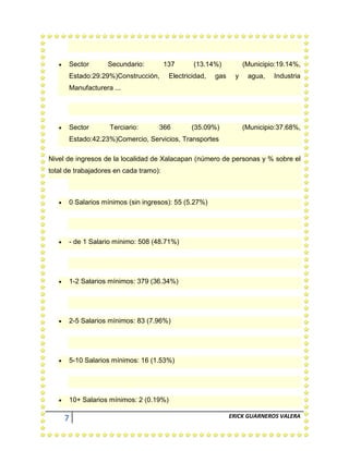 7 ERICK GUARNEROS VALERA
Sector Secundario: 137 (13.14%) (Municipio:19.14%,
Estado:29.29%)Construcción, Electricidad, gas y agua, Industria
Manufacturera ...
Sector Terciario: 366 (35.09%) (Municipio:37.68%,
Estado:42.23%)Comercio, Servicios, Transportes
Nivel de ingresos de la localidad de Xalacapan (número de personas y % sobre el
total de trabajadores en cada tramo):
0 Salarios mínimos (sin ingresos): 55 (5.27%)
- de 1 Salario mínimo: 508 (48.71%)
1-2 Salarios mínimos: 379 (36.34%)
2-5 Salarios mínimos: 83 (7.96%)
5-10 Salarios mínimos: 16 (1.53%)
10+ Salarios mínimos: 2 (0.19%)
 