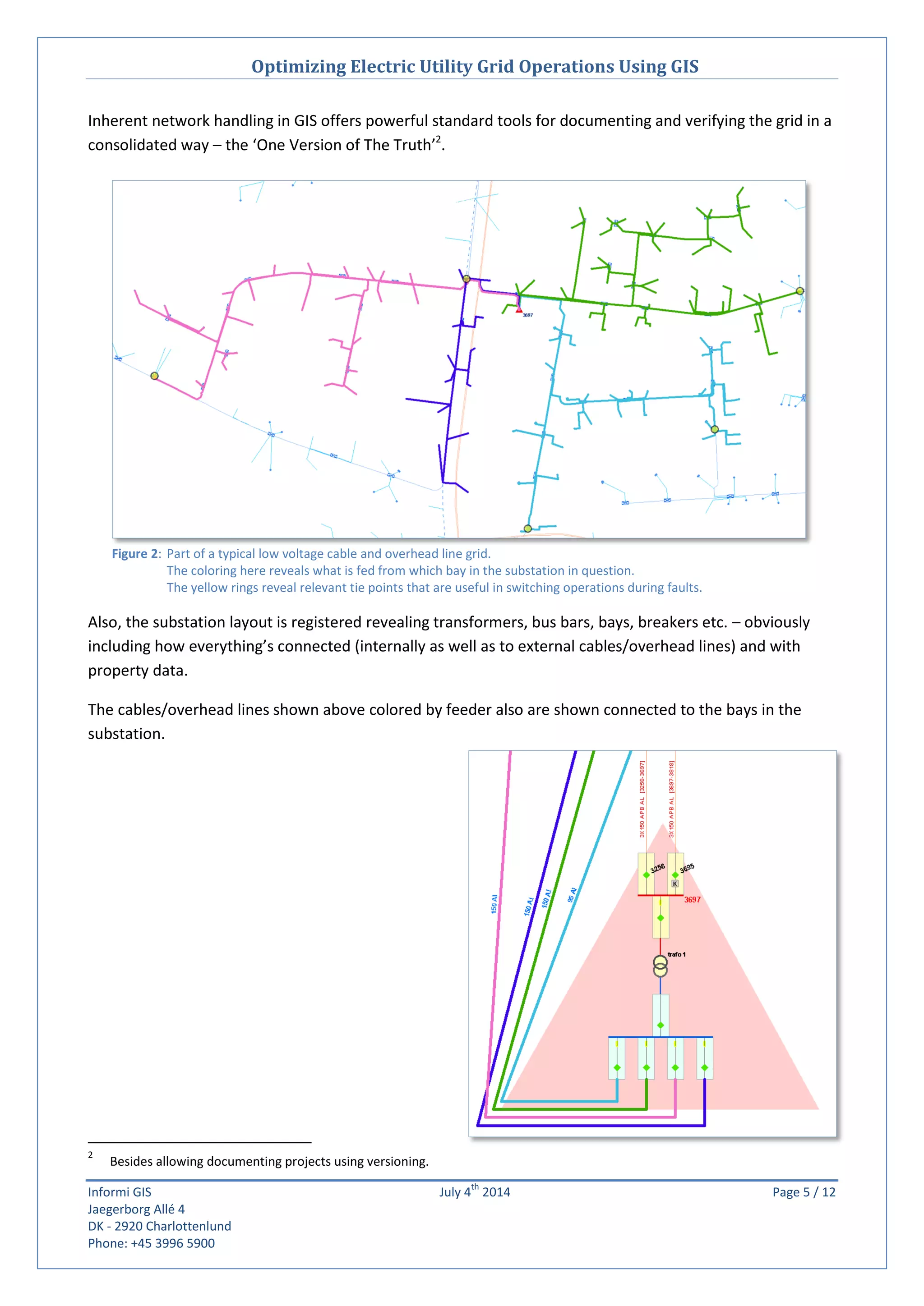 Optimizing Electric Utility Grid Operations Using GIS
Informi GIS July 4
th
2014 Page 5 / 12
Jaegerborg Allé 4
DK - 2920 Charlottenlund
Phone: +45 3996 5900
Inherent network handling in GIS offers powerful standard tools for documenting and verifying the grid in a
consolidated way – the ‘One Version of The Truth’2
.
Also, the substation layout is registered revealing transformers, bus bars, bays, breakers etc. – obviously
including how everything’s connected (internally as well as to external cables/overhead lines) and with
property data.
The cables/overhead lines shown above colored by feeder also are shown connected to the bays in the
substation.
2
Besides allowing documenting projects using versioning.
Figure 2: Part of a typical low voltage cable and overhead line grid.
The coloring here reveals what is fed from which bay in the substation in question.
The yellow rings reveal relevant tie points that are useful in switching operations during faults.
 