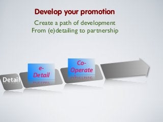 Develop your promotion
Create a path of development
From (e)detailing to partnership

Detail

eDetail

CoOperate

 