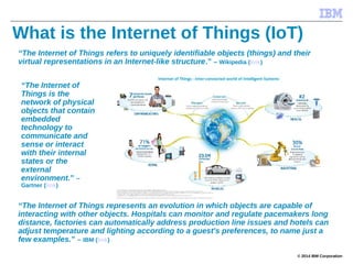 © 2014 IBM Corporation
What is the Internet of Things (IoT)
“The Internet of Things refers to uniquely identifiable objects (things) and their
virtual representations in an Internet-like structure.” – Wikipedia (link)
“The Internet of
Things is the
network of physical
objects that contain
embedded
technology to
communicate and
sense or interact
with their internal
states or the
external
environment.” –
Gartner (link)
“The Internet of Things represents an evolution in which objects are capable of
interacting with other objects. Hospitals can monitor and regulate pacemakers long
distance, factories can automatically address production line issues and hotels can
adjust temperature and lighting according to a guest's preferences, to name just a
few examples.” – IBM (link)
 
