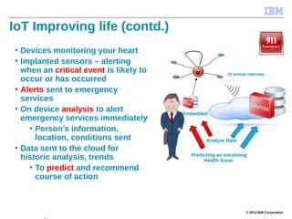 © 2014 IBM Corporation7
Analyze Data
15 minute intervals
Predicting an oncoming
Health Issue.
Embedded
IoT Improving life (contd.)
• Devices monitoring your heart
• Implanted sensors – alerting
when an critical event is likely to
occur or has occurred
• Alerts sent to emergency
services
• On device analysis to alert
emergency services immediately
• Person’s information,
location, conditions sent
• Data sent to the cloud for
historic analysis, trends
• To predict and recommend
course of action
 