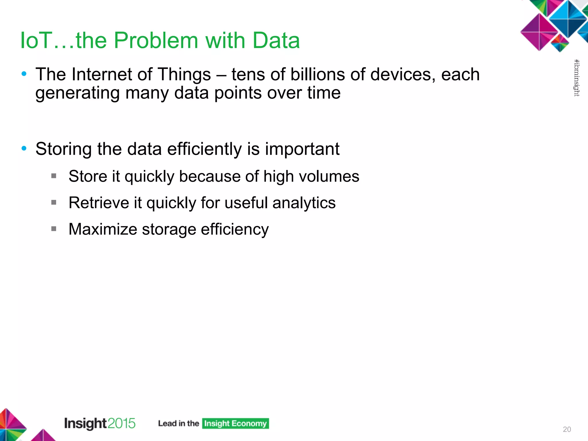 IoT…the Problem with Data
• The Internet of Things – tens of billions of devices, each
generating many data points over time
• Storing the data efficiently is important
 Store it quickly because of high volumes
 Retrieve it quickly for useful analytics
 Maximize storage efficiency
20
 
