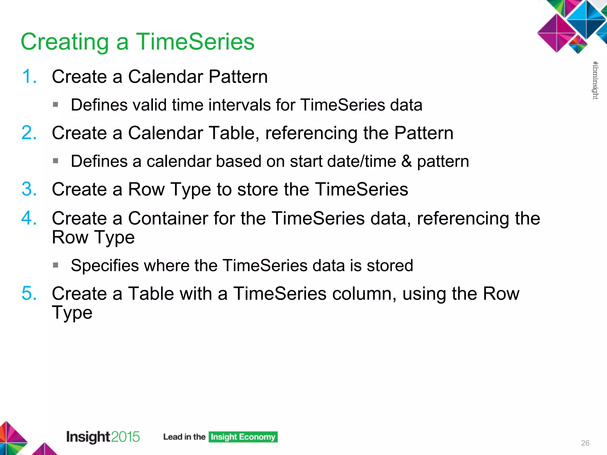 Creating a TimeSeries
1. Create a Calendar Pattern
 Defines valid time intervals for TimeSeries data
2. Create a Calendar Table, referencing the Pattern
 Defines a calendar based on start date/time & pattern
3. Create a Row Type to store the TimeSeries
4. Create a Container for the TimeSeries data, referencing the
Row Type
 Specifies where the TimeSeries data is stored
5. Create a Table with a TimeSeries column, using the Row
Type
26
 