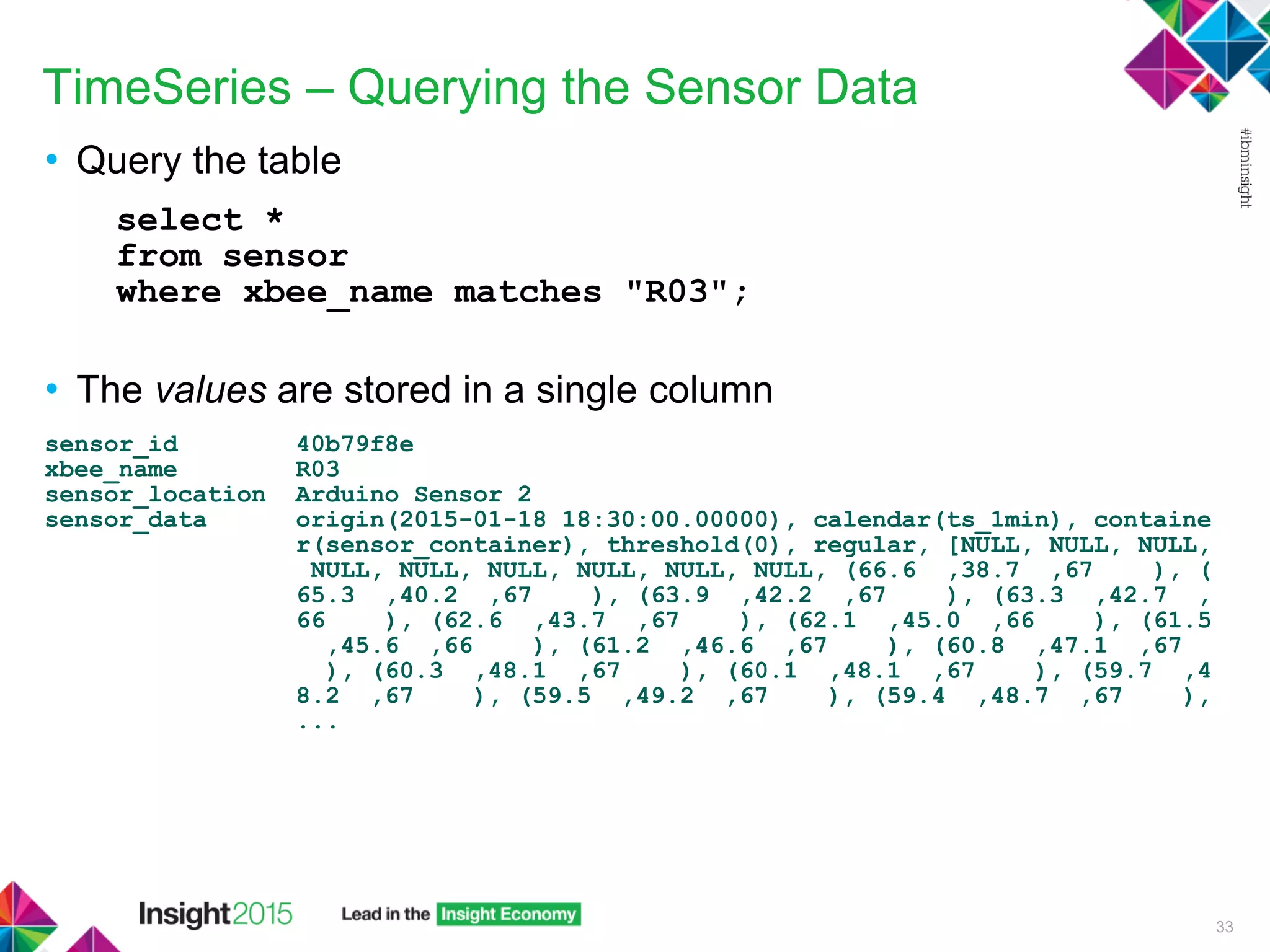 TimeSeries – Querying the Sensor Data
• Query the table
select *
from sensor
where xbee_name matches "R03";
• The values are stored in a single column
sensor_id 40b79f8e
xbee_name R03
sensor_location Arduino Sensor 2
sensor_data origin(2015-01-18 18:30:00.00000), calendar(ts_1min), containe
r(sensor_container), threshold(0), regular, [NULL, NULL, NULL,
NULL, NULL, NULL, NULL, NULL, NULL, (66.6 ,38.7 ,67 ), (
65.3 ,40.2 ,67 ), (63.9 ,42.2 ,67 ), (63.3 ,42.7 ,
66 ), (62.6 ,43.7 ,67 ), (62.1 ,45.0 ,66 ), (61.5
,45.6 ,66 ), (61.2 ,46.6 ,67 ), (60.8 ,47.1 ,67
), (60.3 ,48.1 ,67 ), (60.1 ,48.1 ,67 ), (59.7 ,4
8.2 ,67 ), (59.5 ,49.2 ,67 ), (59.4 ,48.7 ,67 ),
...
33
 