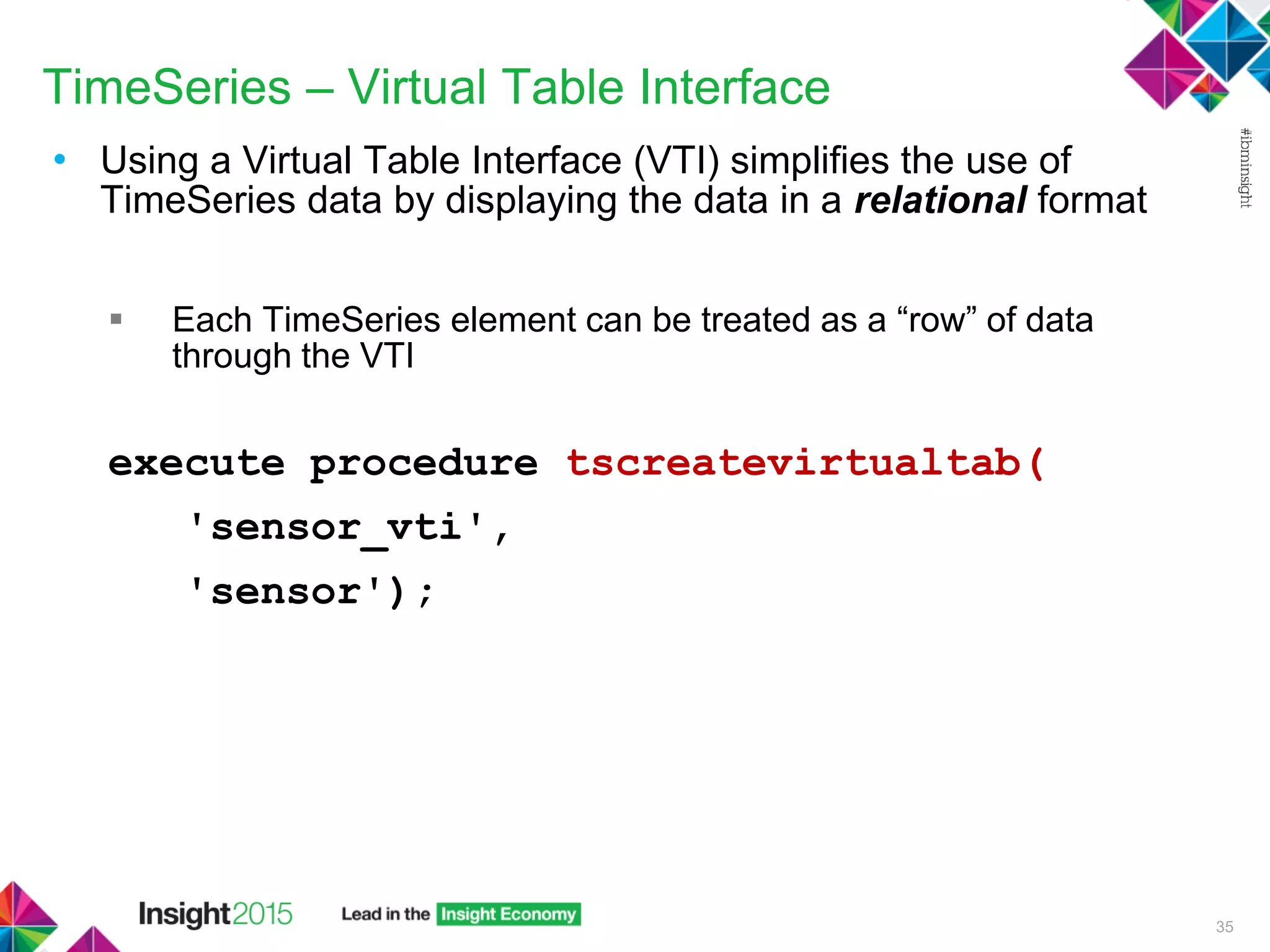 TimeSeries – Virtual Table Interface
• Using a Virtual Table Interface (VTI) simplifies the use of
TimeSeries data by displaying the data in a relational format
 Each TimeSeries element can be treated as a “row” of data
through the VTI
execute procedure tscreatevirtualtab(
'sensor_vti',
'sensor');
35
 