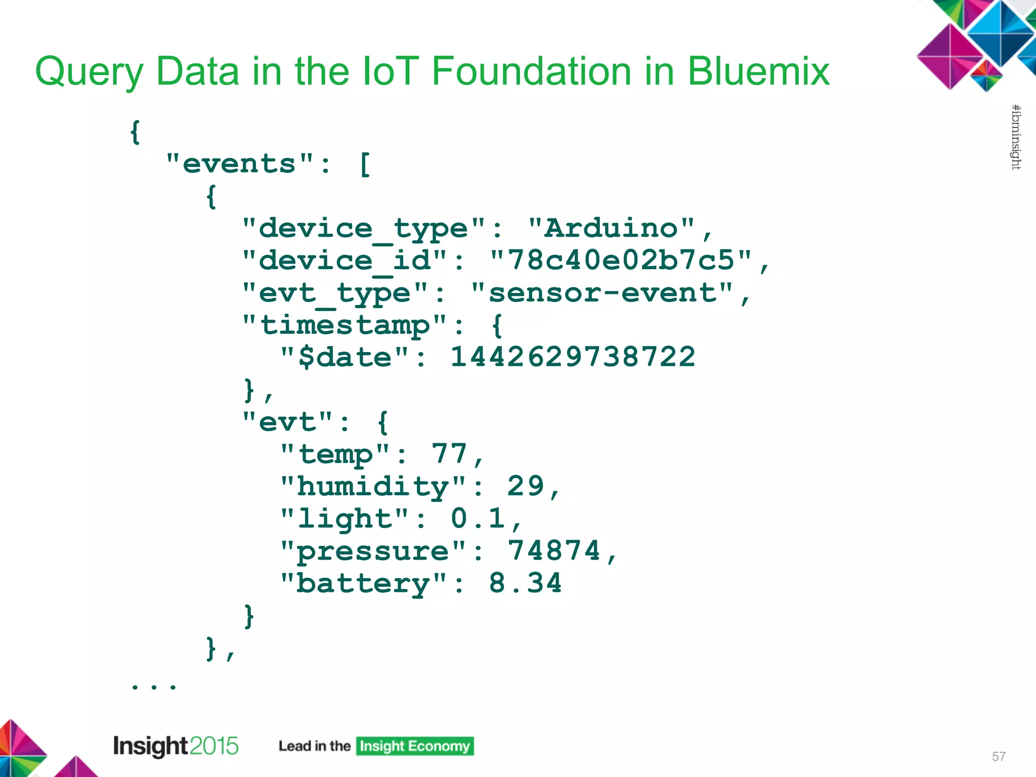 Query Data in the IoT Foundation in Bluemix
{
"events": [
{
"device_type": "Arduino",
"device_id": "78c40e02b7c5",
"evt_type": "sensor-event",
"timestamp": {
"$date": 1442629738722
},
"evt": {
"temp": 77,
"humidity": 29,
"light": 0.1,
"pressure": 74874,
"battery": 8.34
}
},
...
57
 