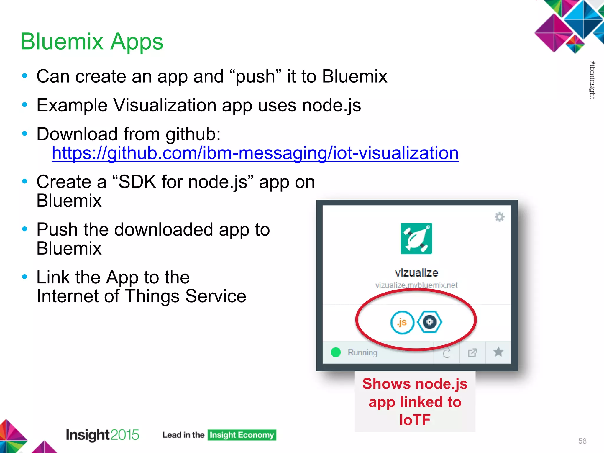Bluemix Apps
• Can create an app and “push” it to Bluemix
• Example Visualization app uses node.js
• Download from github:
https://github.com/ibm-messaging/iot-visualization
• Create a “SDK for node.js” app on
Bluemix
• Push the downloaded app to
Bluemix
• Link the App to the
Internet of Things Service
58
Shows node.js
app linked to
IoTF
 