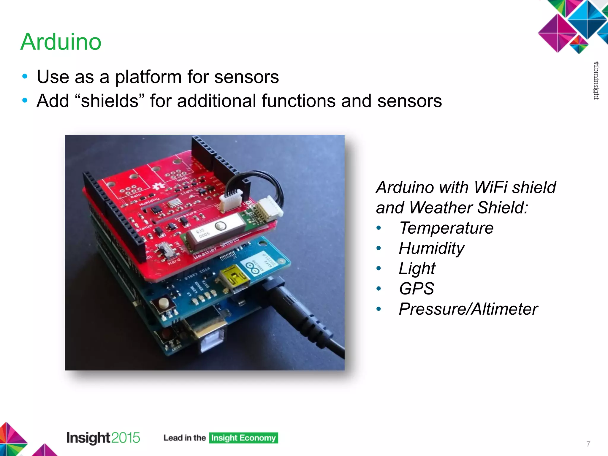 Arduino
• Use as a platform for sensors
• Add “shields” for additional functions and sensors
7
Arduino with WiFi shield
and Weather Shield:
• Temperature
• Humidity
• Light
• GPS
• Pressure/Altimeter
 