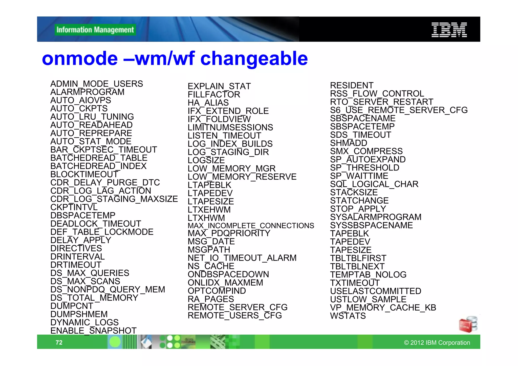 onmode –wm/wf changeable
ADMIN_MODE_USERS          EXPLAIN_STAT                 RESIDENT
ALARMPROGRAM              FILLFACTOR                   RSS_FLOW_CONTROL
AUTO_AIOVPS               HA_ALIAS                     RTO_SERVER_RESTART
AUTO_CKPTS                IFX_EXTEND_ROLE              S6_USE_REMOTE_SERVER_CFG
AUTO_LRU_TUNING           IFX_FOLDVIEW                 SBSPACENAME
AUTO_READAHEAD            LIMITNUMSESSIONS             SBSPACETEMP
AUTO_REPREPARE            LISTEN_TIMEOUT               SDS_TIMEOUT
AUTO_STAT_MODE            LOG_INDEX_BUILDS             SHMADD
BAR_CKPTSEC_TIMEOUT       LOG_STAGING_DIR              SMX_COMPRESS
BATCHEDREAD_TABLE         LOGSIZE                      SP_AUTOEXPAND
BATCHEDREAD_INDEX         LOW_MEMORY_MGR               SP_THRESHOLD
BLOCKTIMEOUT              LOW_MEMORY_RESERVE           SP_WAITTIME
CDR_DELAY_PURGE_DTC       LTAPEBLK                     SQL_LOGICAL_CHAR
CDR_LOG_LAG_ACTION        LTAPEDEV                     STACKSIZE
CDR_LOG_STAGING_MAXSIZE   LTAPESIZE                    STATCHANGE
CKPTINTVL                 LTXEHWM                      STOP_APPLY
DBSPACETEMP               LTXHWM                       SYSALARMPROGRAM
DEADLOCK_TIMEOUT          MAX_INCOMPLETE_CONNECTIONS   SYSSBSPACENAME
DEF_TABLE_LOCKMODE        MAX_PDQPRIORITY              TAPEBLK
DELAY_APPLY               MSG_DATE                     TAPEDEV
DIRECTIVES                MSGPATH                      TAPESIZE
DRINTERVAL                NET_IO_TIMEOUT_ALARM         TBLTBLFIRST
DRTIMEOUT                 NS_CACHE                     TBLTBLNEXT
DS_MAX_QUERIES            ONDBSPACEDOWN                TEMPTAB_NOLOG
DS_MAX_SCANS              ONLIDX_MAXMEM                TXTIMEOUT
DS_NONPDQ_QUERY_MEM       OPTCOMPIND                   USELASTCOMMITTED
DS_TOTAL_MEMORY           RA_PAGES                     USTLOW_SAMPLE
DUMPCNT                   REMOTE_SERVER_CFG            VP_MEMORY_CACHE_KB
DUMPSHMEM                 REMOTE_USERS_CFG             WSTATS
DYNAMIC_LOGS
ENABLE_SNAPSHOT
 72                                                                © 2012 IBM Corporation
 