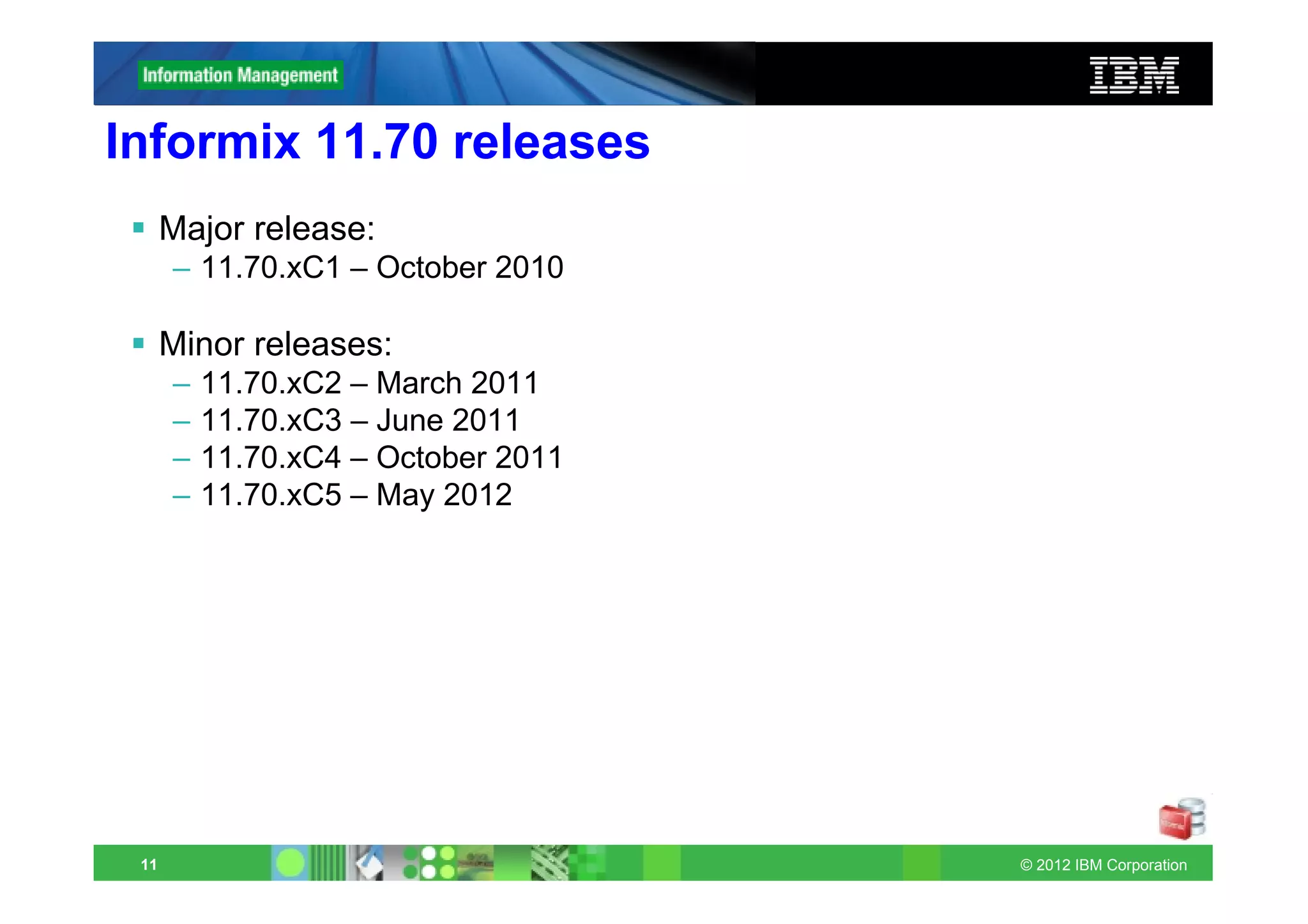 Informix 11.70 releases
      Major release:
      – 11.70.xC1 – October 2010

      Minor releases:
      –   11.70.xC2 – March 2011
      –   11.70.xC3 – June 2011
      –   11.70.xC4 – October 2011
      –   11.70.xC5 – May 2012




 11                                  © 2012 IBM Corporation
 